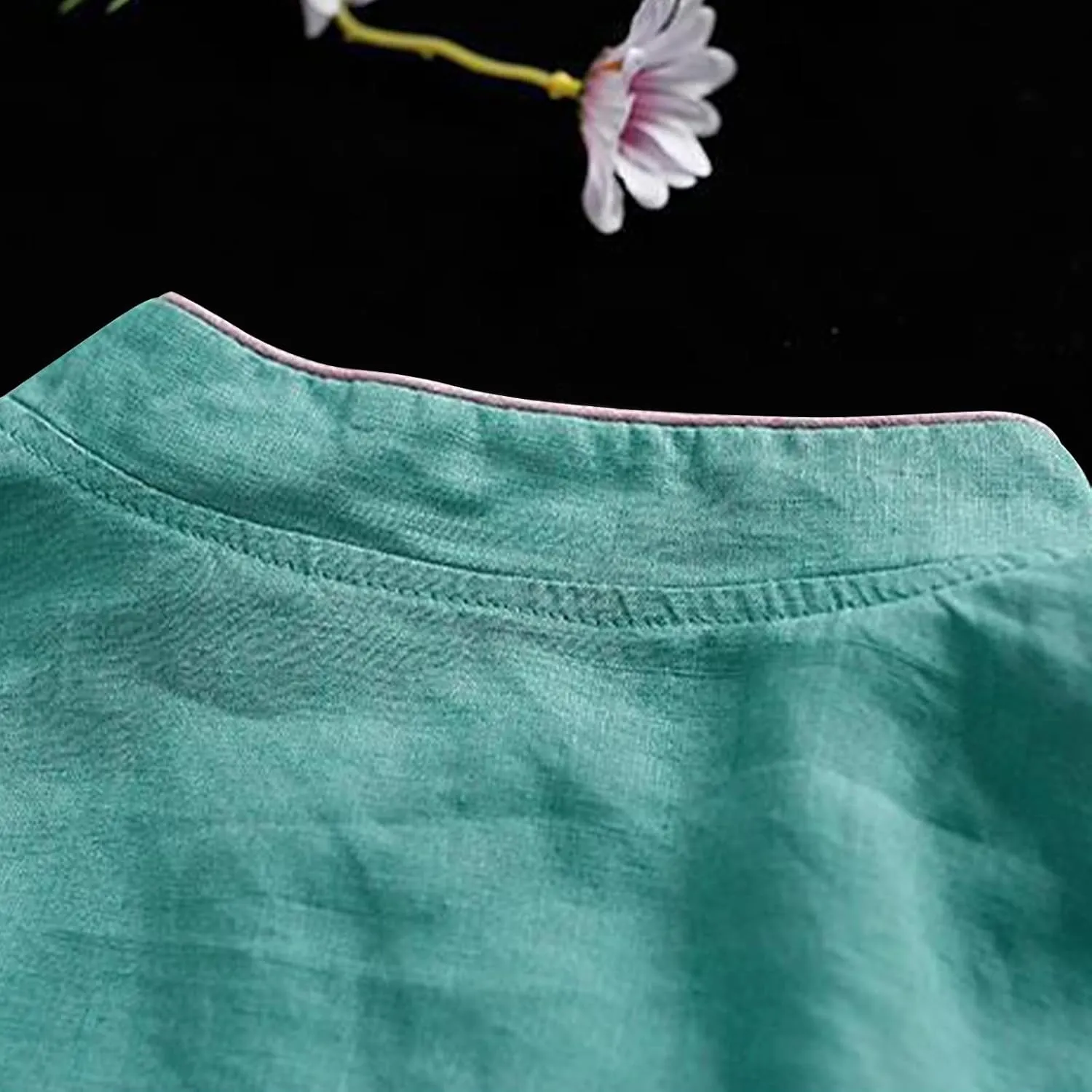 HGps8w Cotton Linen Embroidery Blouse for Women Retro Chinese Frog Button Tops Loose Fit 3/4 Sleeve Layered Tunic Shirts
