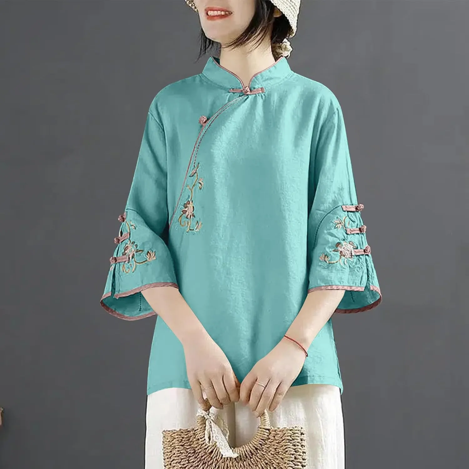 HGps8w Cotton Linen Embroidery Blouse for Women Retro Chinese Frog Button Tops Loose Fit 3/4 Sleeve Layered Tunic Shirts