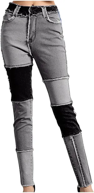 HGps8w Womens Patchwork Stretch Skinny Jeans - Slim Fit High Waisted Streetwear Denim Pants with Pockets