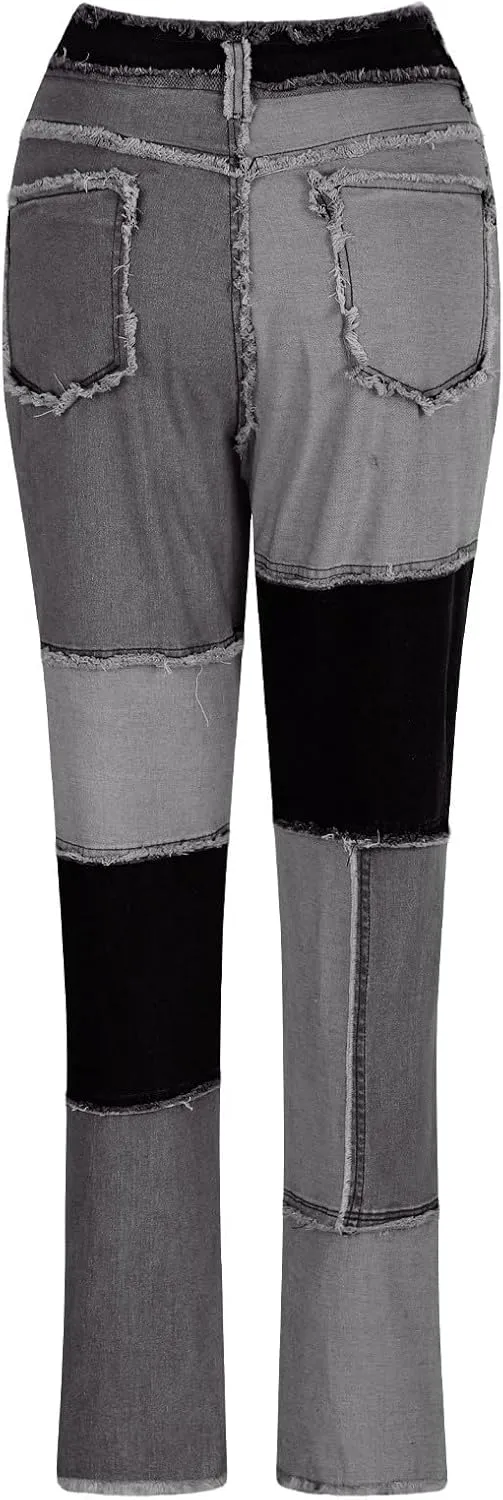 HGps8w Womens Patchwork Stretch Skinny Jeans - Slim Fit High Waisted Streetwear Denim Pants with Pockets