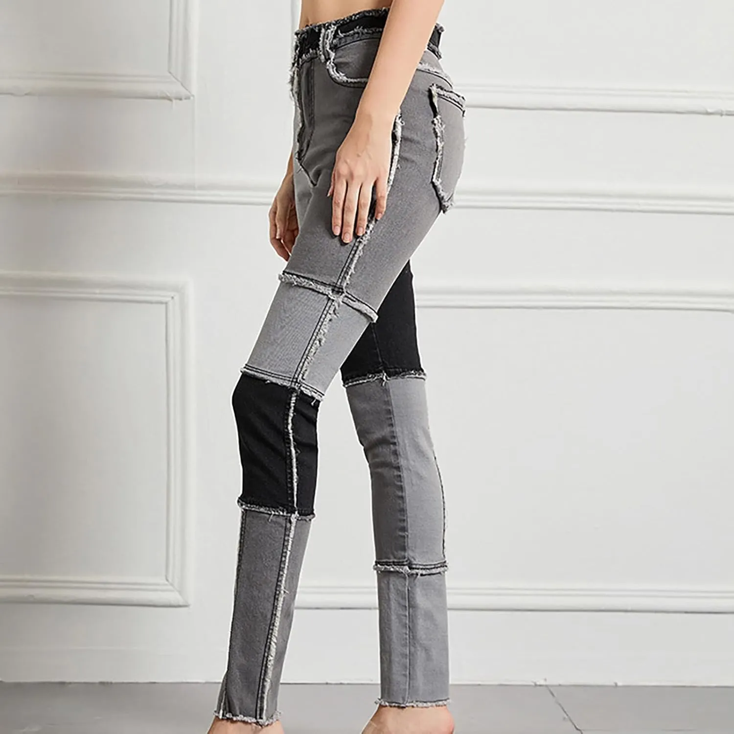 HGps8w Womens Patchwork Stretch Skinny Jeans - Slim Fit High Waisted Streetwear Denim Pants with Pockets