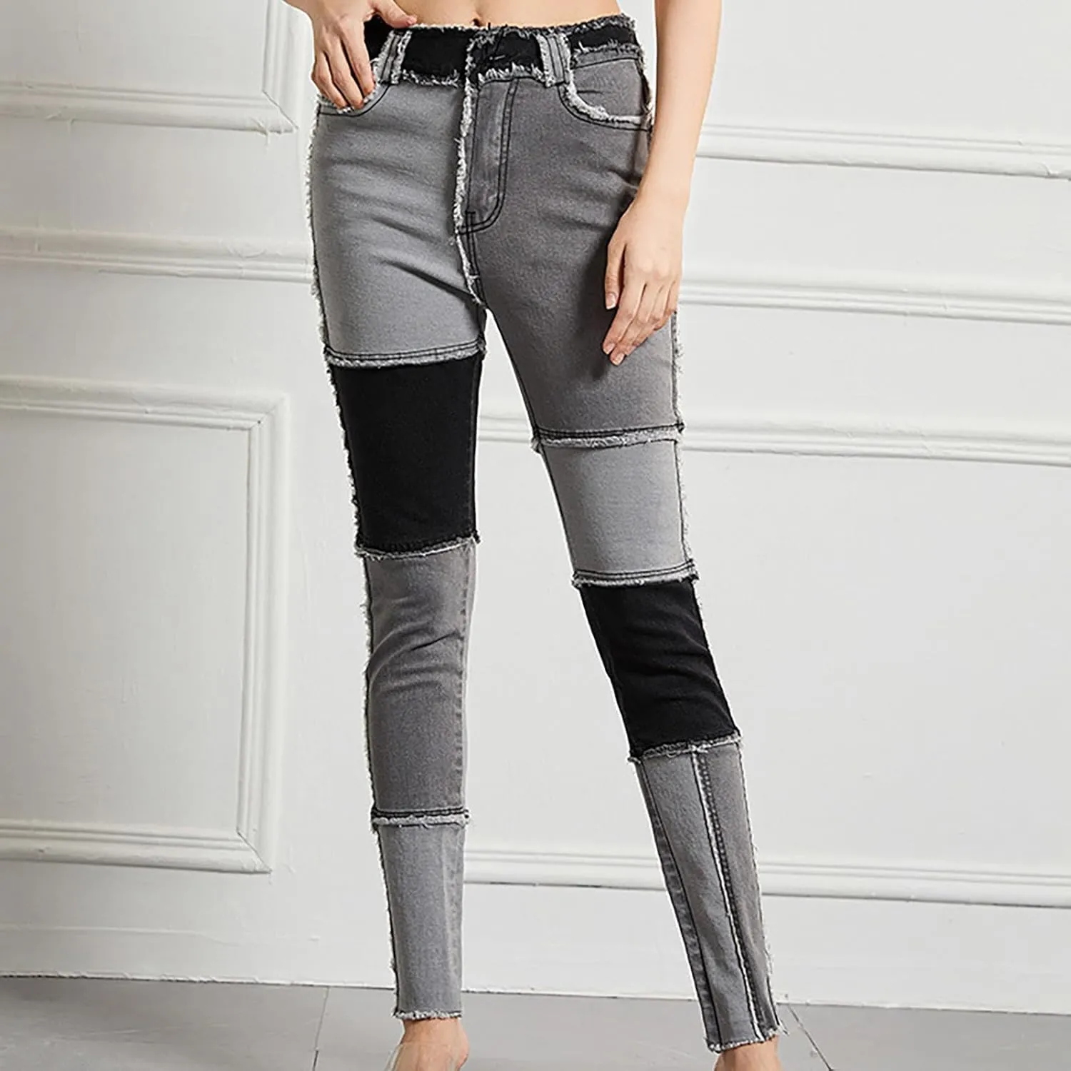 HGps8w Womens Patchwork Stretch Skinny Jeans - Slim Fit High Waisted Streetwear Denim Pants with Pockets