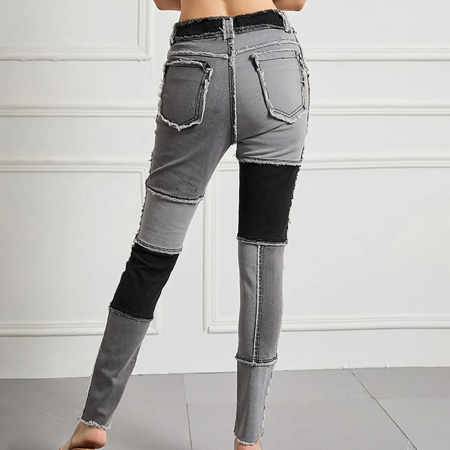 HGps8w Womens Patchwork Stretch Skinny Jeans - Slim Fit High Waisted Streetwear Denim Pants with Pockets