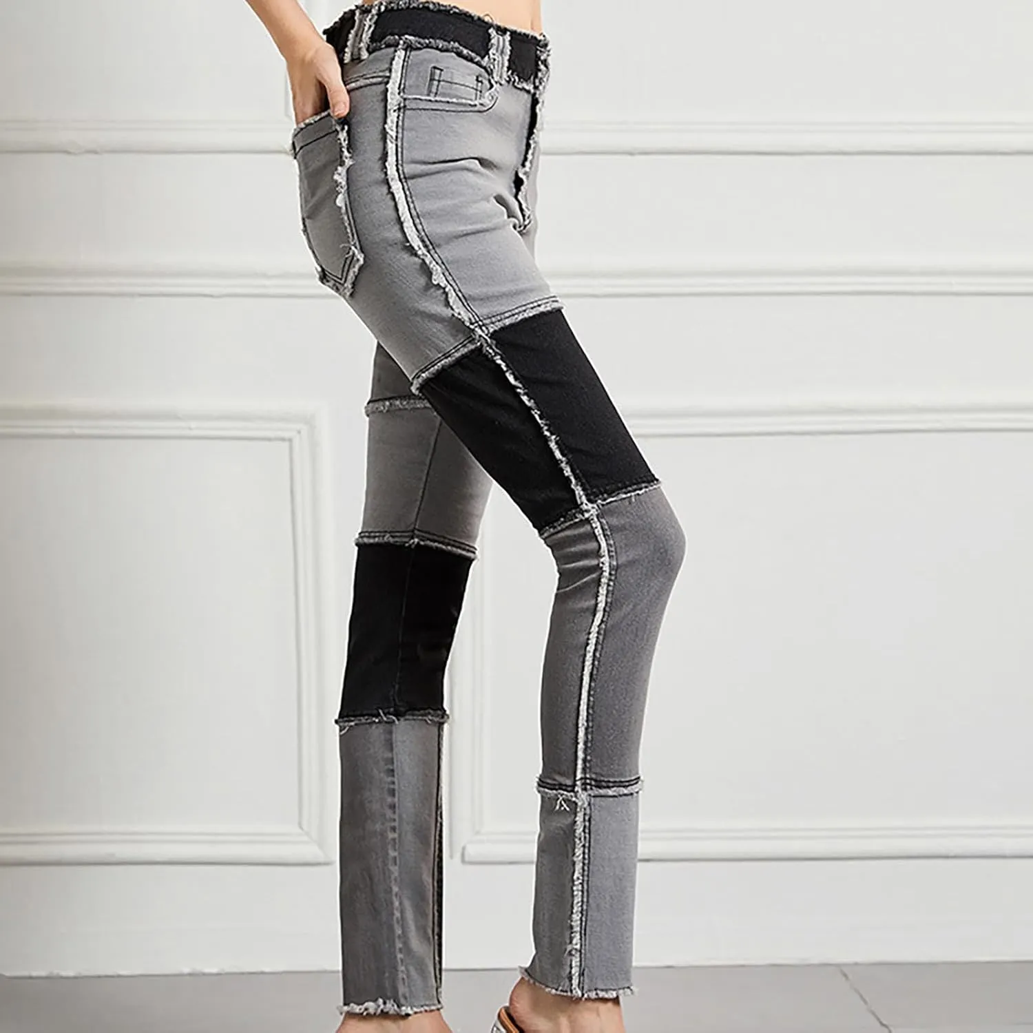 HGps8w Womens Patchwork Stretch Skinny Jeans - Slim Fit High Waisted Streetwear Denim Pants with Pockets