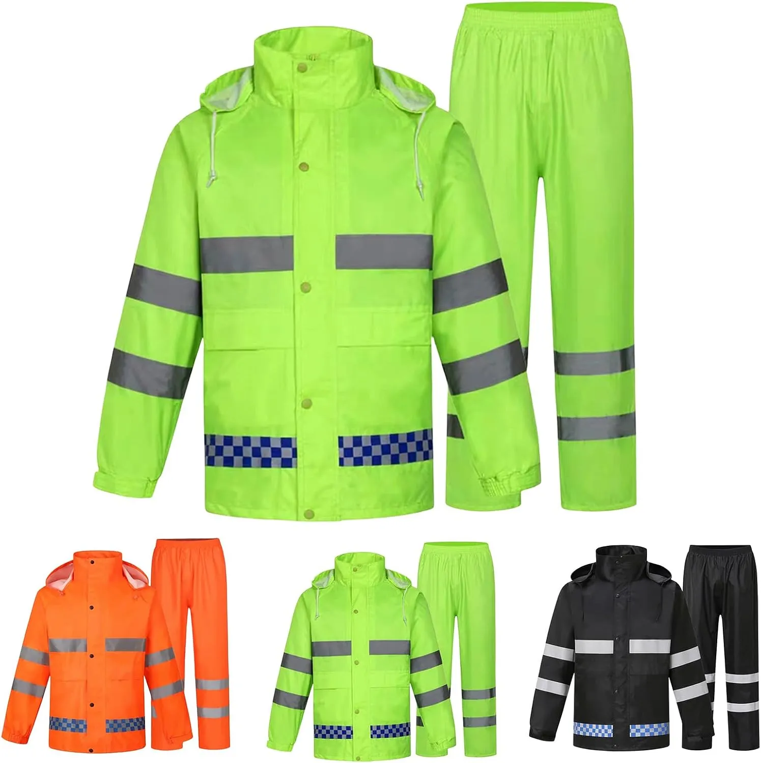 Hi Vis Rain Suits for Men Reflective Work Outfits Waterproof Hooded Jacket Utility & Safety Pants Working Sets Coats