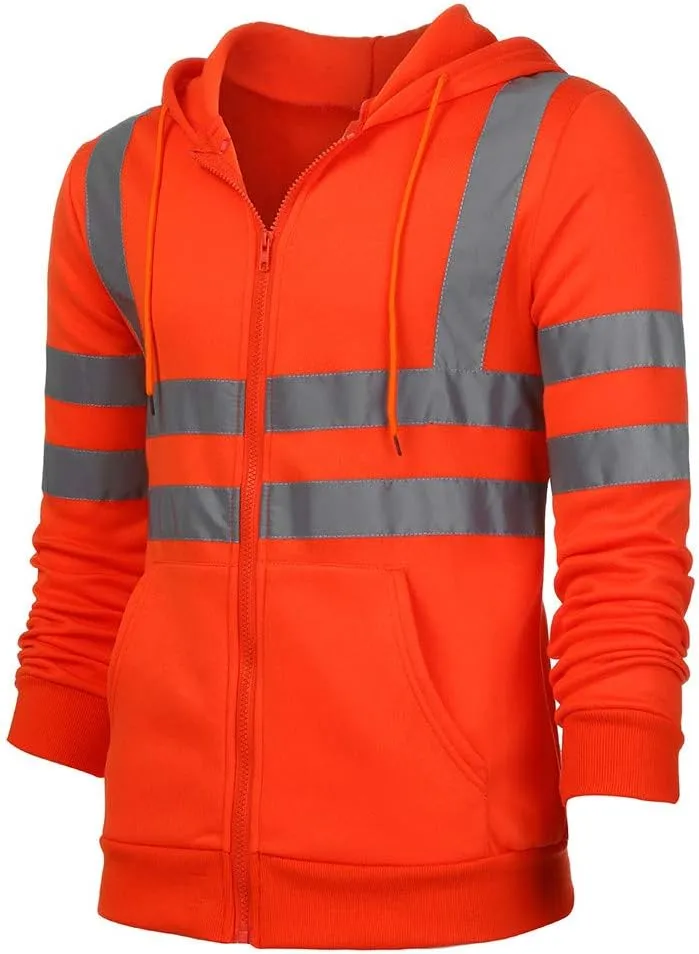 High Visibility Safety Sweatshirt for Men Class 3 Reflective Strips Zipper Up Hooded Jacket Work Utility Hi-Vis Hoodies