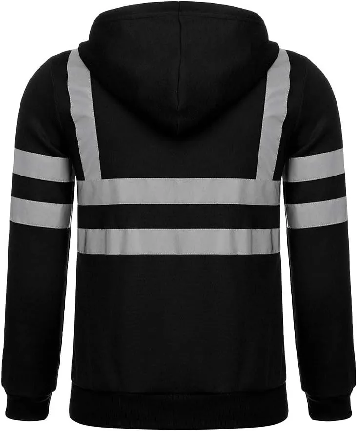 High Visibility Safety Sweatshirt for Men Class 3 Reflective Strips Zipper Up Hooded Jacket Work Utility Hi-Vis Hoodies