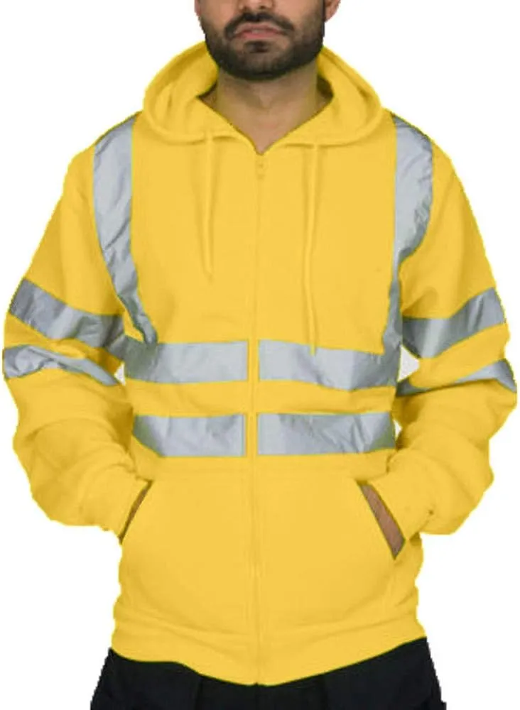 High Visibility Safety Sweatshirt for Men Class 3 Reflective Strips Zipper Up Hooded Jacket Work Utility Hi-Vis Hoodies