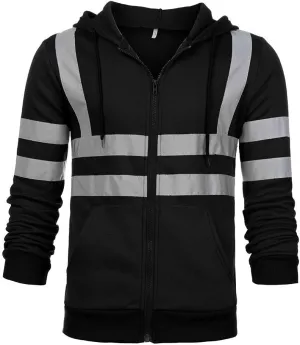 High Visibility Safety Sweatshirt for Men Class 3 Reflective Strips Zipper Up Hooded Jacket Work Utility Hi-Vis Hoodies