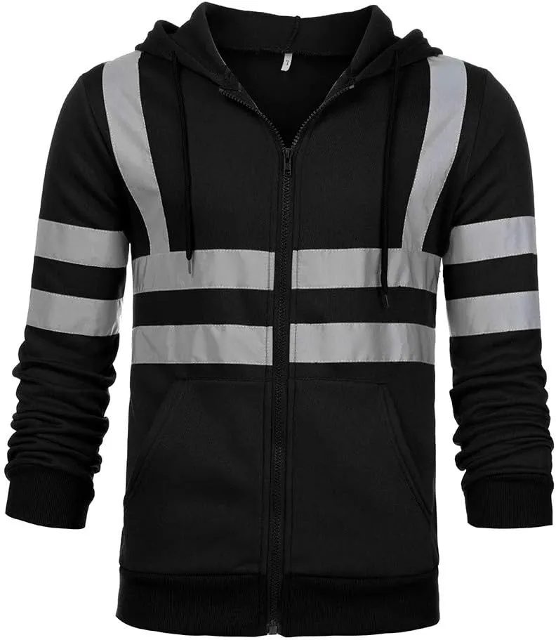 High Visibility Safety Sweatshirt for Men Class 3 Reflective Strips Zipper Up Hooded Jacket Work Utility Hi-Vis Hoodies