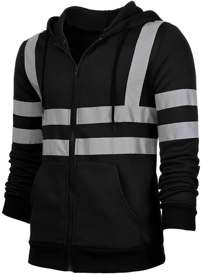 High Visibility Safety Sweatshirt for Men Class 3 Reflective Strips Zipper Up Hooded Jacket Work Utility Hi-Vis Hoodies