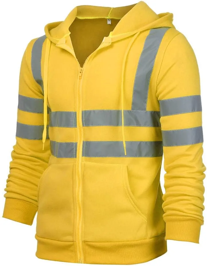 High Visibility Safety Sweatshirt for Men Class 3 Reflective Strips Zipper Up Hooded Jacket Work Utility Hi-Vis Hoodies