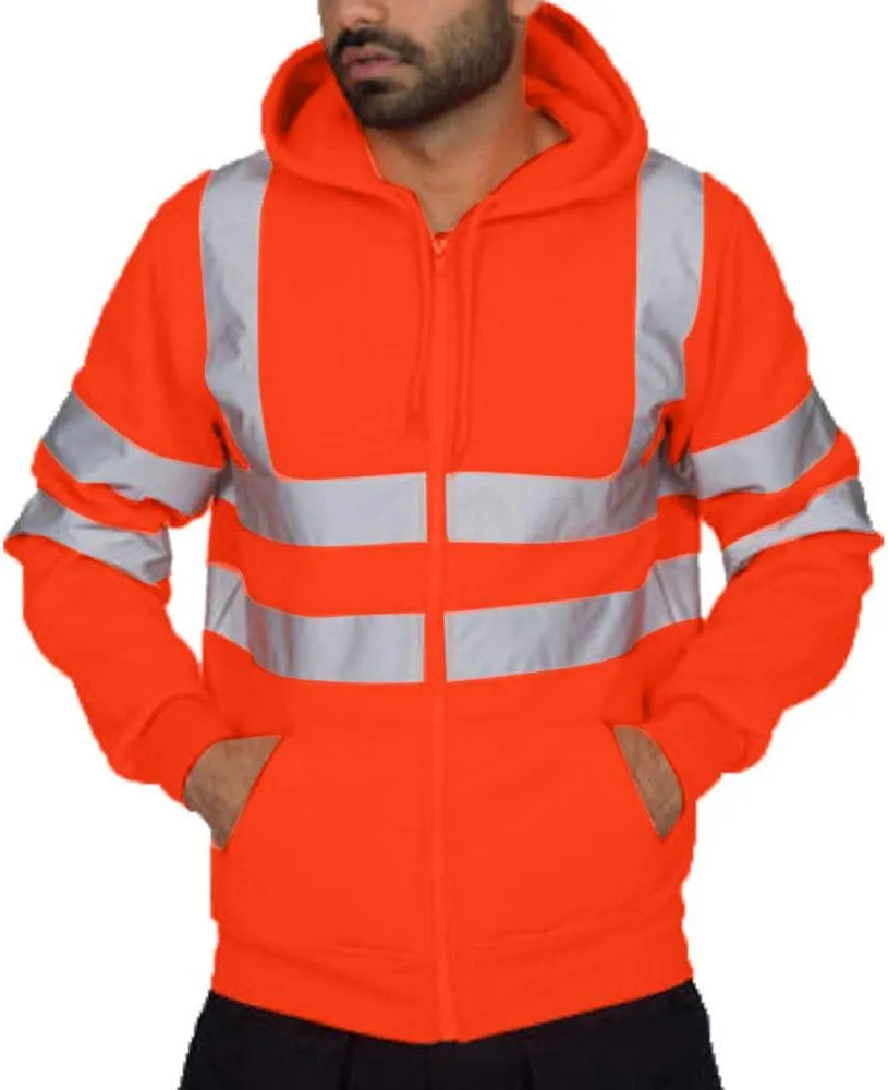 High Visibility Safety Sweatshirt for Men Class 3 Reflective Strips Zipper Up Hooded Jacket Work Utility Hi-Vis Hoodies