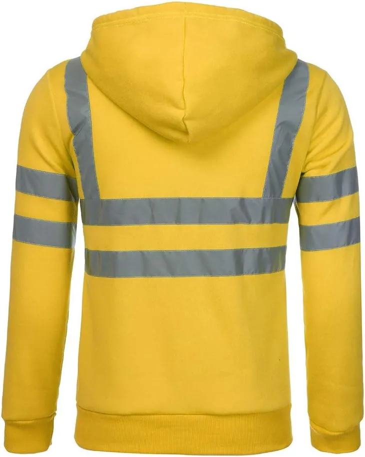 High Visibility Safety Sweatshirt for Men Class 3 Reflective Strips Zipper Up Hooded Jacket Work Utility Hi-Vis Hoodies