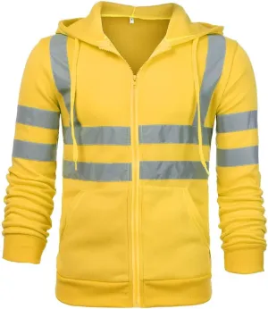 High Visibility Safety Sweatshirt for Men Class 3 Reflective Strips Zipper Up Hooded Jacket Work Utility Hi-Vis Hoodies