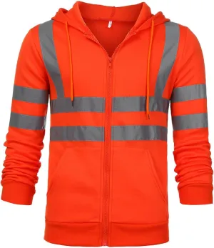 High Visibility Safety Sweatshirt for Men Full Zip Up Hooded Jacket Work Utility Hi-Vis Hoodies Novelty Outwear Top