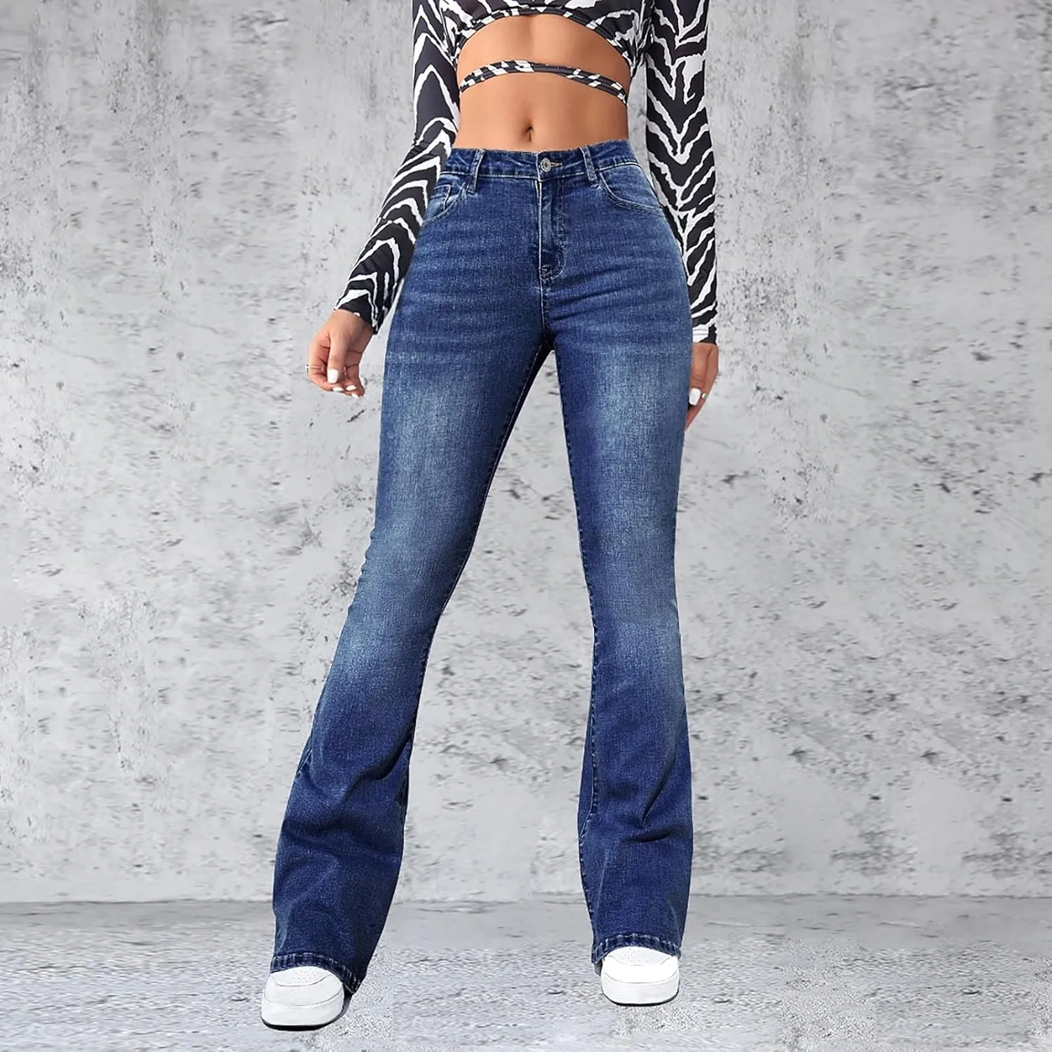 High Waisted Jeans for Women Bell Bottom Stretchy Wide Leg Flare Jeans Business Casual Denim Pants with Pockets