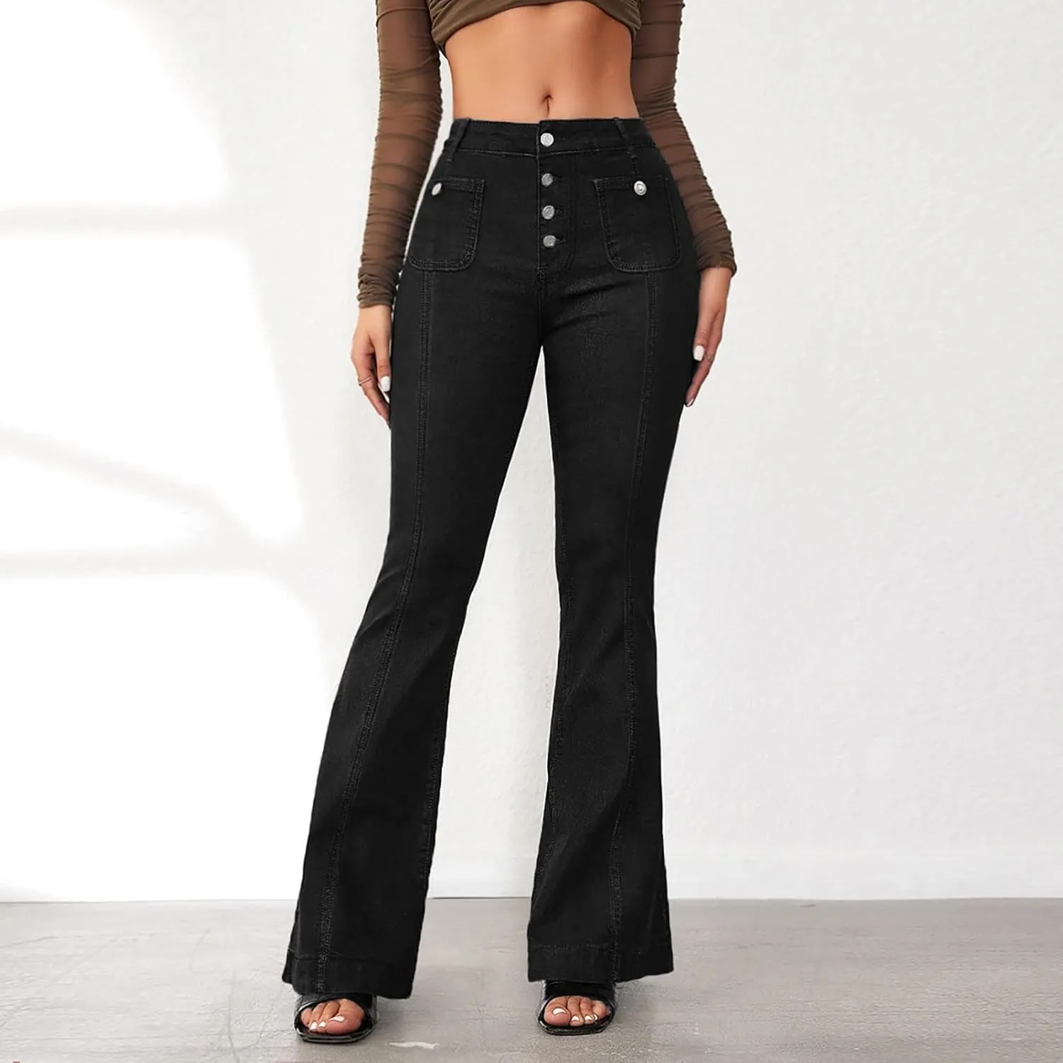 High Waisted Jeans for Women Bell Bottom Stretchy Wide Leg Flare Jeans Business Casual Denim Pants with Pockets
