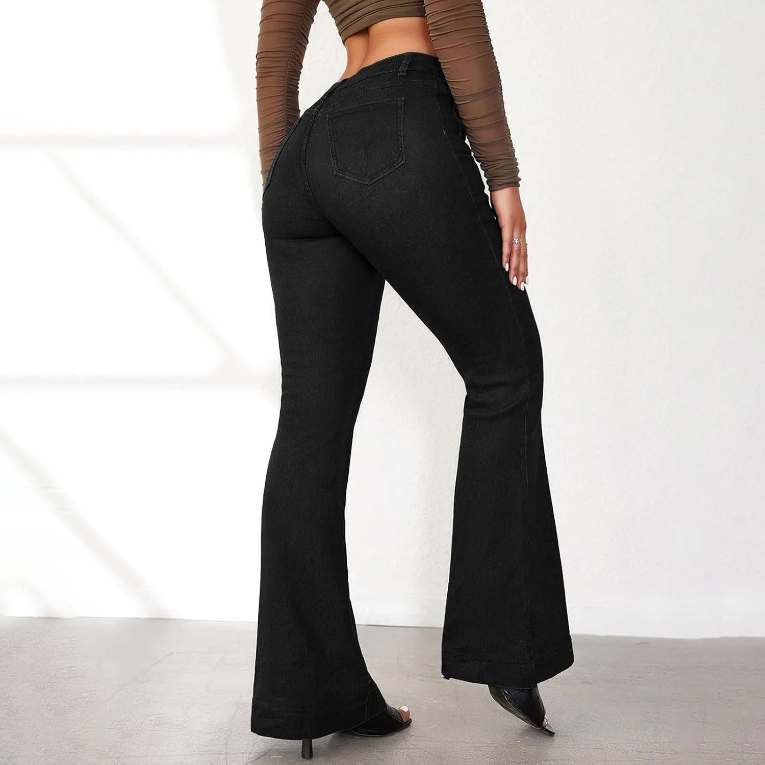 High Waisted Jeans for Women Bell Bottom Stretchy Wide Leg Flare Jeans Business Casual Denim Pants with Pockets