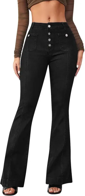 High Waisted Jeans for Women Bell Bottom Stretchy Wide Leg Flare Jeans Business Casual Denim Pants with Pockets