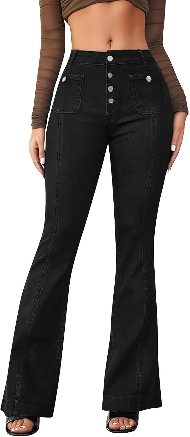 High Waisted Jeans for Women Bell Bottom Stretchy Wide Leg Flare Jeans Business Casual Denim Pants with Pockets