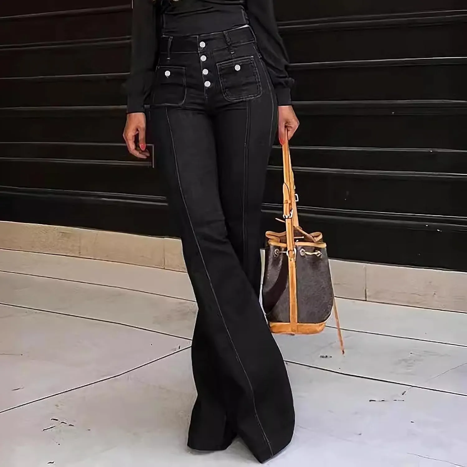 High Waisted Jeans for Women Bell Bottom Stretchy Wide Leg Flare Jeans Business Casual Denim Pants with Pockets