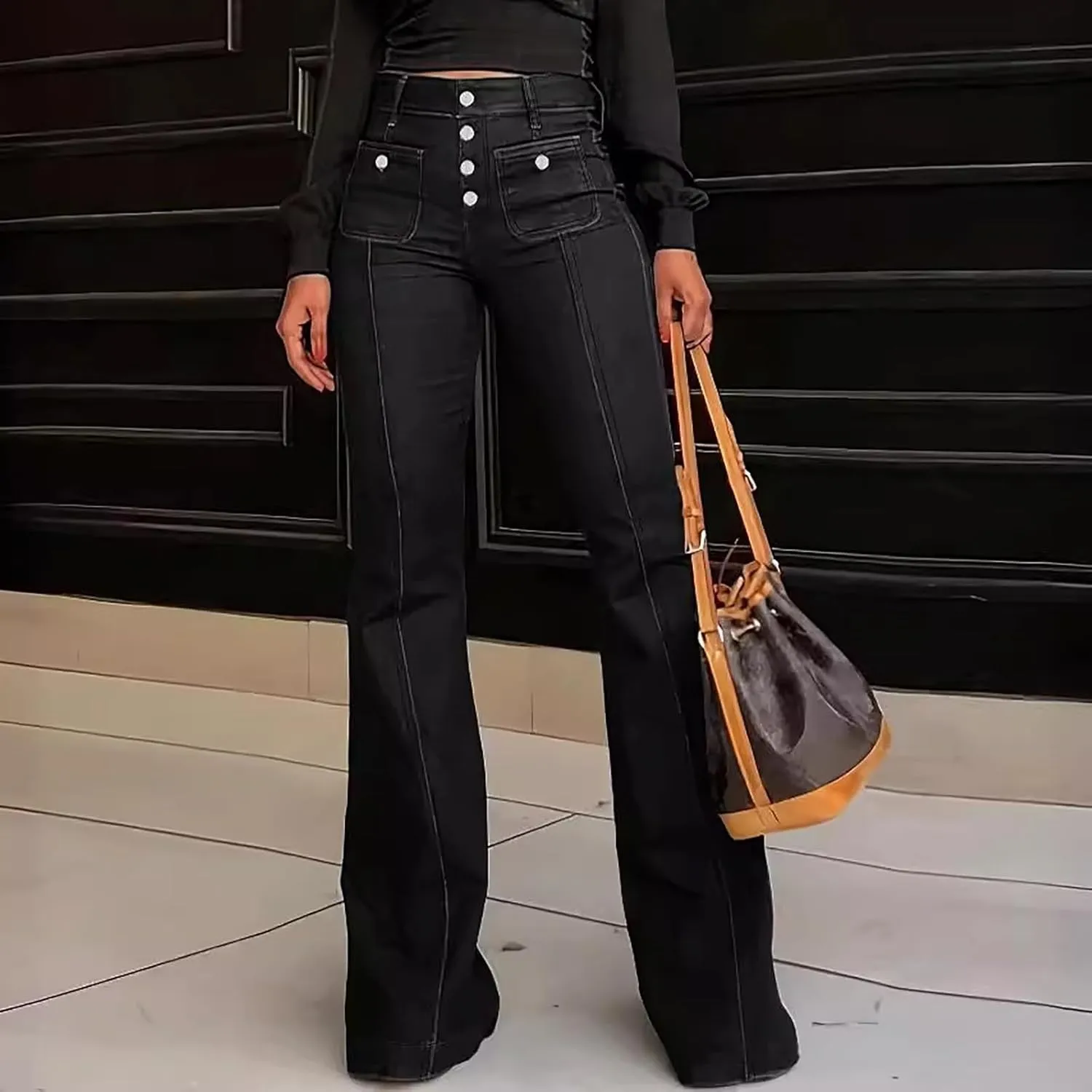 High Waisted Jeans for Women Bell Bottom Stretchy Wide Leg Flare Jeans Business Casual Denim Pants with Pockets