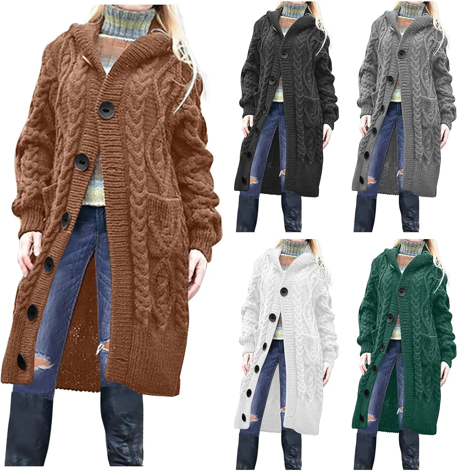 Hooded Cardigan Sweater Womens Fall Winter Cable Knit Knitwear Sweater Coat Button Down Chunky Long Coats with Pockets