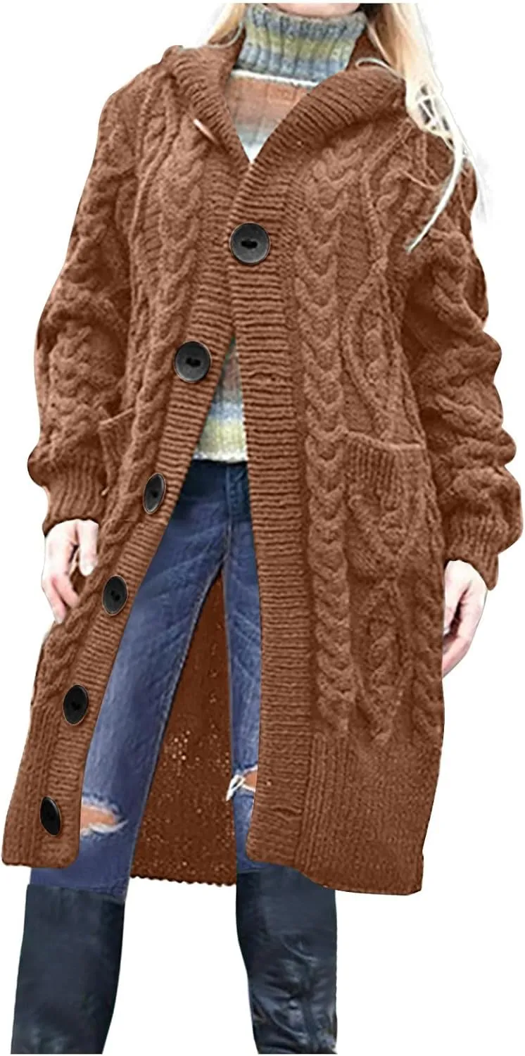 Hooded Cardigan Sweater Womens Fall Winter Cable Knit Knitwear Sweater Coat Button Down Chunky Long Coats with Pockets