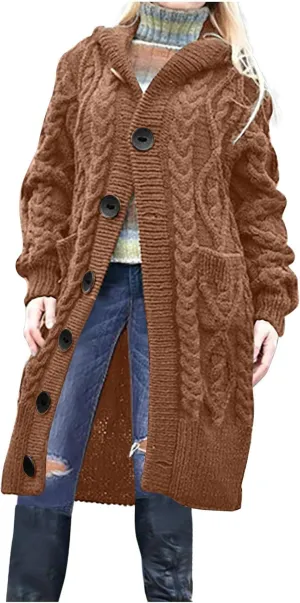 Hooded Cardigan Sweater Womens Fall Winter Cable Knit Knitwear Sweater Coat Button Down Chunky Long Coats with Pockets