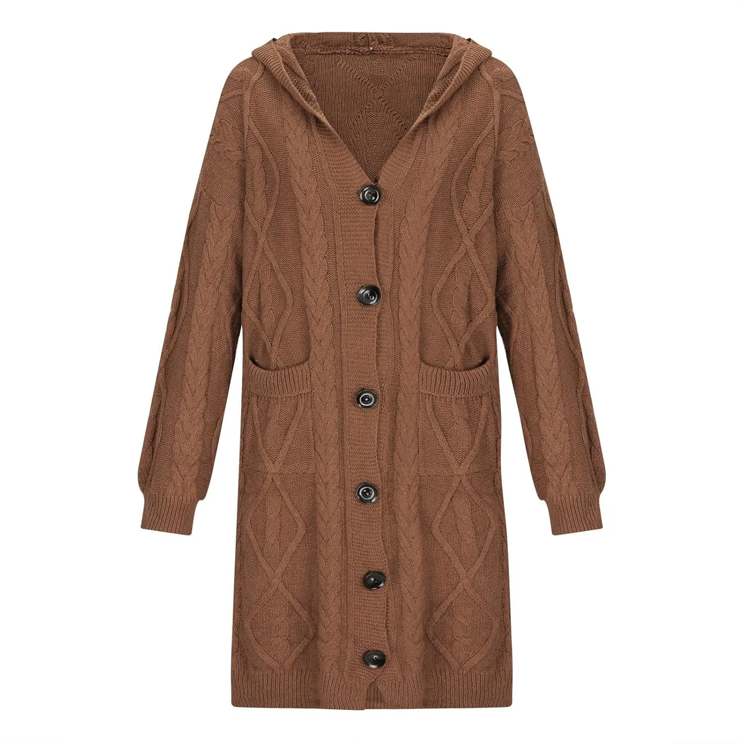 Hooded Cardigan Sweater Womens Fall Winter Cable Knit Knitwear Sweater Coat Button Down Chunky Long Coats with Pockets