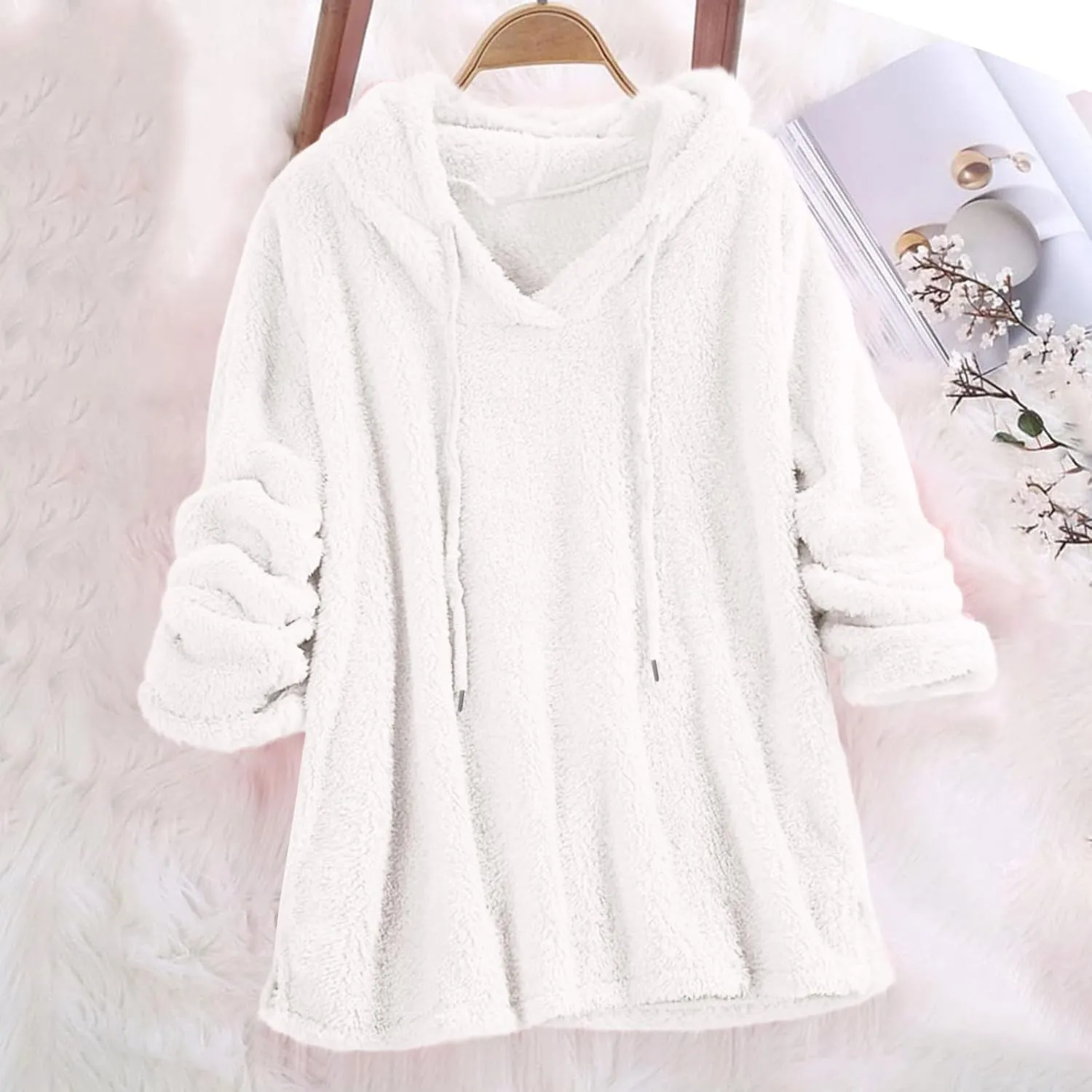 Hooded Sweatshirt for Women Trendy Loose Fit Long Sleeve Solid Color Sweaters Comfort Casual Drawstring Hoodies