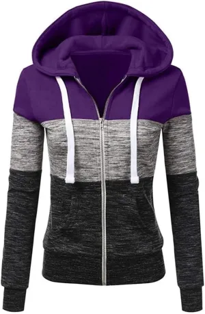 Hoodies for Women Color Block Hooded Sweatshirt Basic Zip-Up Jersey Jacket Long Sleeve Top with Pockets Plus Size