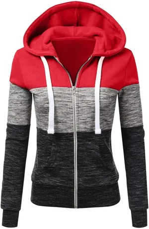 Hoodies for Women Color Block Hooded Sweatshirt Basic Zip-Up Jersey Jacket Long Sleeve Top with Pockets Plus Size