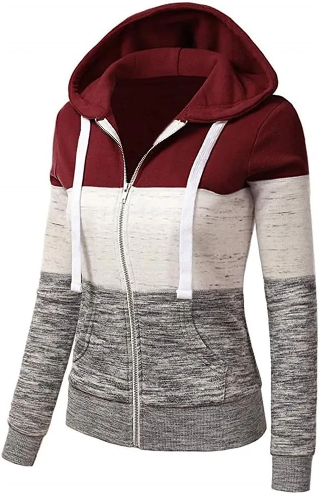 Hoodies for Women Color Block Hooded Sweatshirt Basic Zip-Up Jersey Jacket Long Sleeve Top with Pockets Plus Size