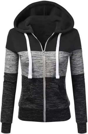 Hoodies for Women Color Block Hooded Sweatshirt Basic Zip-Up Jersey Jacket Long Sleeve Top with Pockets Plus Size