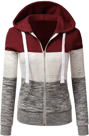 Hoodies for Women Color Block Hooded Sweatshirt Basic Zip-Up Jersey Jacket Long Sleeve Top with Pockets Plus Size