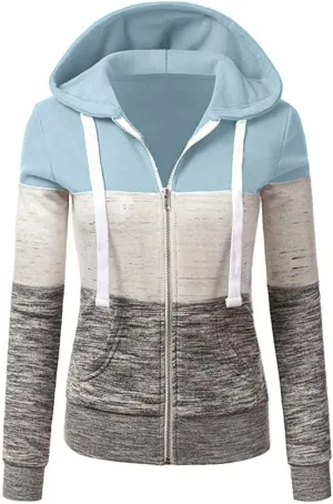 Hoodies for Women Color Block Hooded Sweatshirt Basic Zip-Up Jersey Jacket Long Sleeve Top with Pockets Plus Size