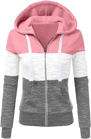 Hoodies for Women Color Block Hooded Sweatshirt Basic Zip-Up Jersey Jacket Long Sleeve Top with Pockets Plus Size