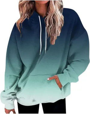 Hoodies For Women Long Sleeve Oversized Sweatshirts Trendy Gradient Graphic Print Sweatshirt with Pocket