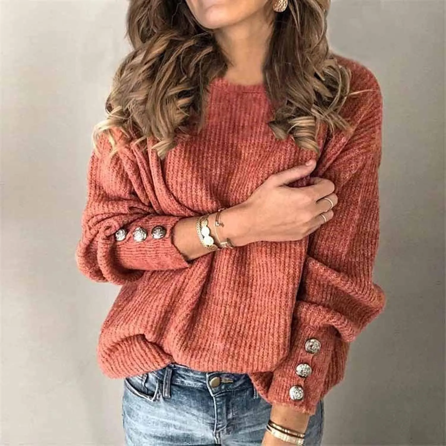 iLH Womens Sweater 2024 Plus Size Ribbed Knit Sweaters Crewneck Long Sleeve Pullover Shirts Comfort Jumper Shirt Tops