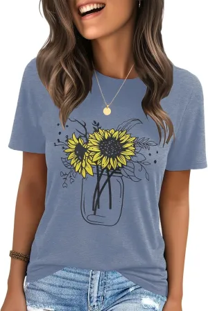 IRISGOD Womens Graphic Tees Casual Summer Short Sleeve Vintage T Shirts Tops
