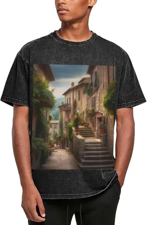 Italy Tuscan Mens Oversized T Shirts Vintage Cotton Short Sleeves Casual Summer Tee Washed Unisex Tops