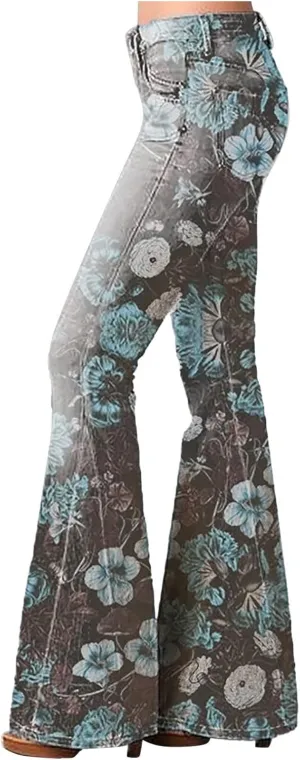 Jeans for Women Trendy Gradient Bell Bottom Jeans Casual High Waisted Lace Flared Jean Skinny Denim Pants
