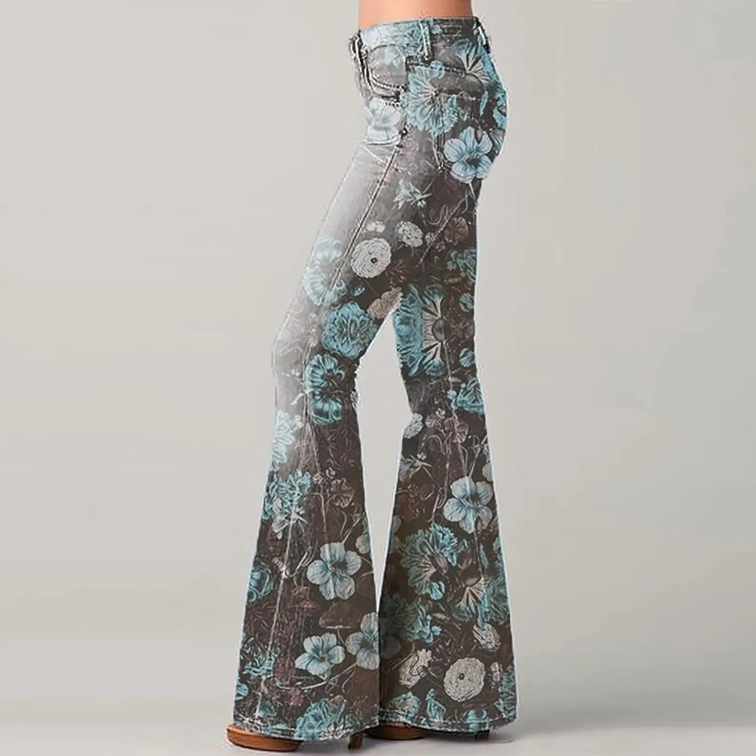 Jeans for Women Trendy Gradient Bell Bottom Jeans Casual High Waisted Lace Flared Jean Skinny Denim Pants