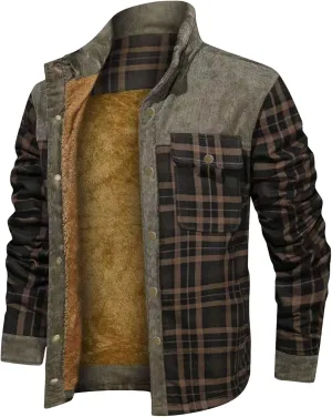 JEsilunmaMY Men's Fleece Lined Plaid Corduroy Jacket Button Stand Collar Flannel Sherpa Coat Warm Winter Thick Shacket Shirt