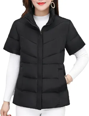 JEsilunmaMY Women's Short Sleeve Crop Puffer Vest Stand Collar Thick Down Coats with Pocket Winter Coat Warm Padded Jacket