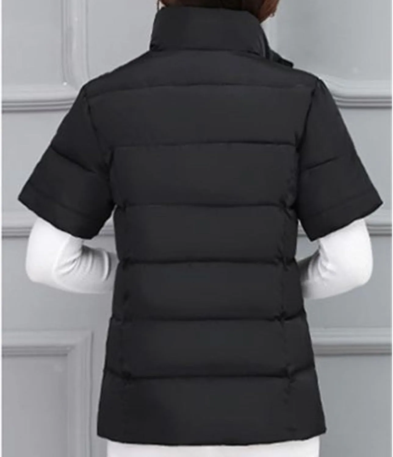 JEsilunmaMY Women's Short Sleeve Crop Puffer Vest Stand Collar Thick Down Coats with Pocket Winter Coat Warm Padded Jacket