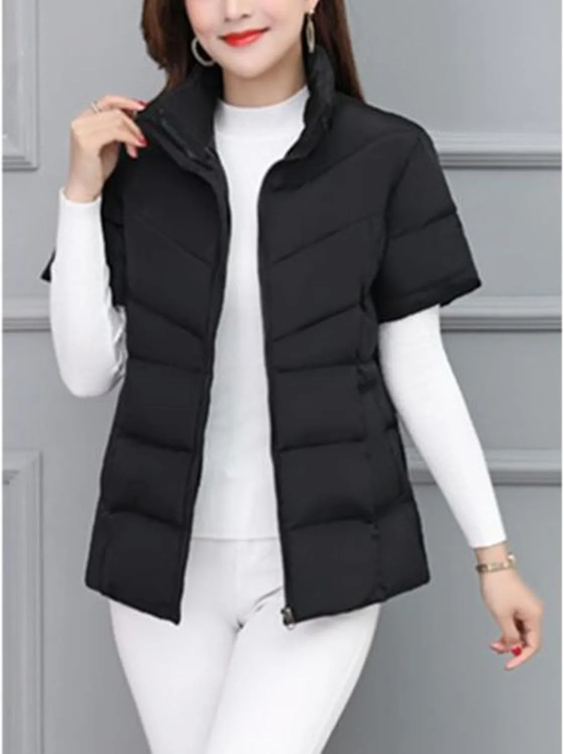 JEsilunmaMY Women's Short Sleeve Crop Puffer Vest Stand Collar Thick Down Coats with Pocket Winter Coat Warm Padded Jacket