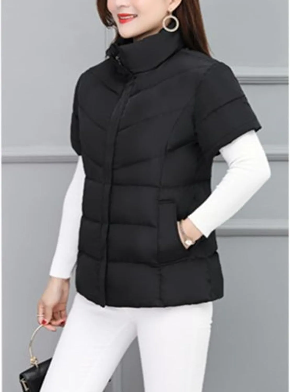 JEsilunmaMY Women's Short Sleeve Crop Puffer Vest Stand Collar Thick Down Coats with Pocket Winter Coat Warm Padded Jacket